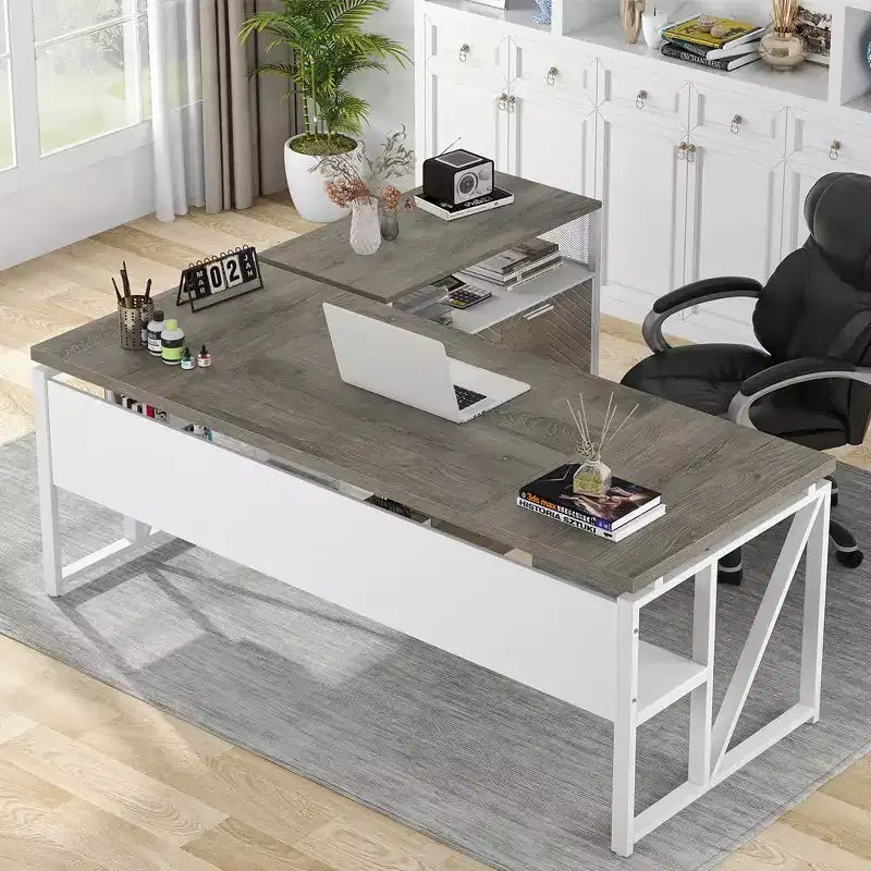Lantine L Shaped Desk with Drawer,63 Executive Computer Desk and lateral File Cabinet, 2 Piece Home Office Furniture