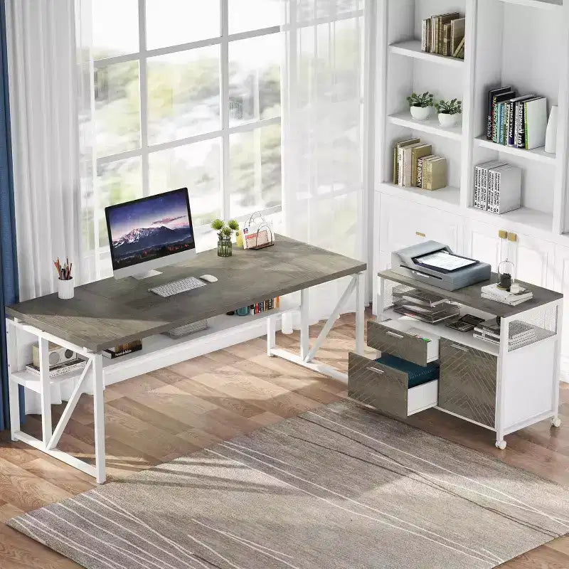 Lantine L Shaped Desk with Drawer,63 Executive Computer Desk and lateral File Cabinet, 2 Piece Home Office Furniture