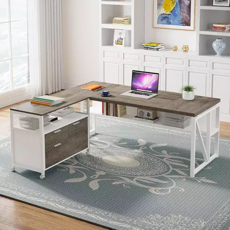 Lantine L Shaped Desk with Drawer,63 Executive Computer Desk and lateral File Cabinet, 2 Piece Home Office Furniture