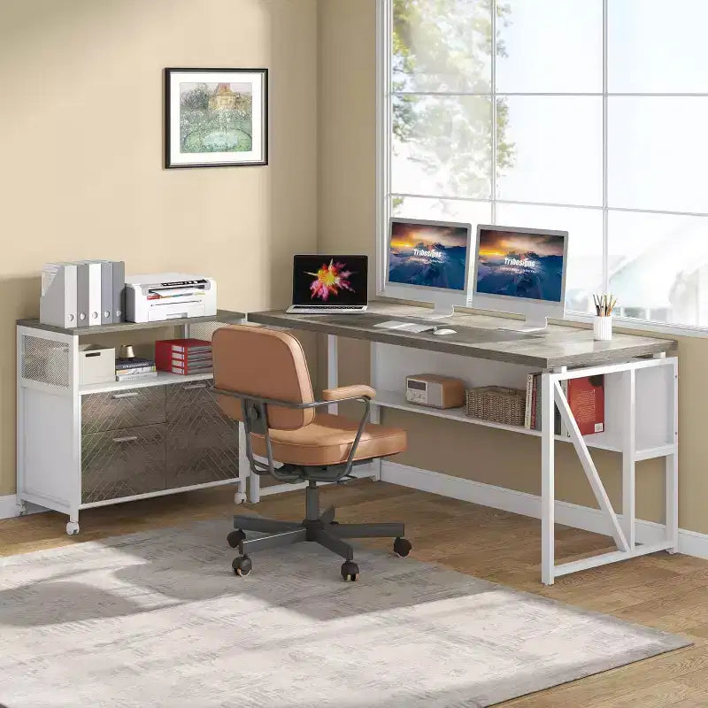 Lantine L Shaped Desk with Drawer,63 Executive Computer Desk and lateral File Cabinet, 2 Piece Home Office Furniture