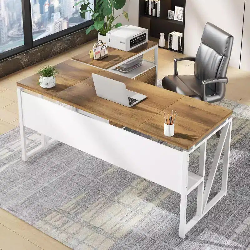 Lantine L Shaped Desk with Drawer,63 Executive Computer Desk and lateral File Cabinet, 2 Piece Home Office Furniture