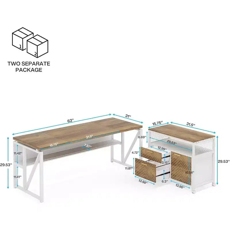 Lantine L Shaped Desk with Drawer,63 Executive Computer Desk and lateral File Cabinet, 2 Piece Home Office Furniture