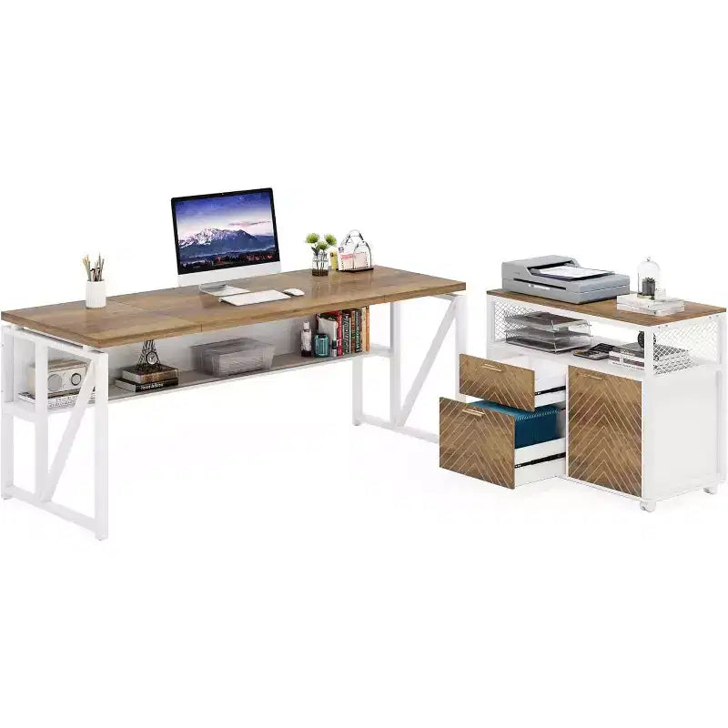 Lantine L Shaped Desk with Drawer,63 Executive Computer Desk and lateral File Cabinet, 2 Piece Home Office Furniture