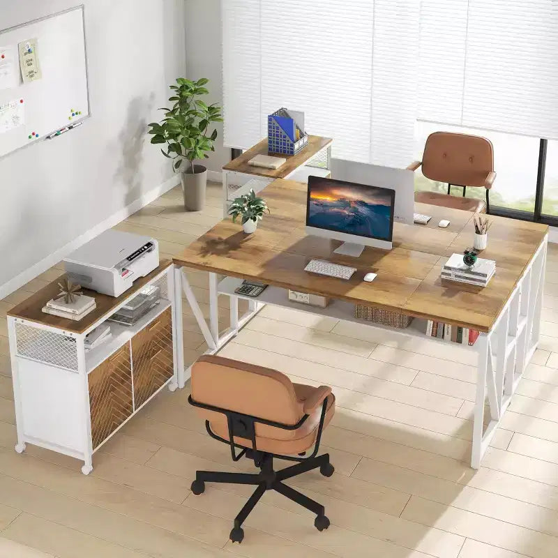 Lantine L Shaped Desk with Drawer,63 Executive Computer Desk and lateral File Cabinet, 2 Piece Home Office Furniture