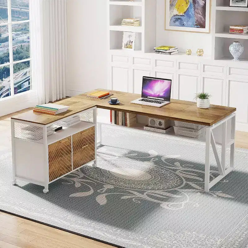 Lantine L Shaped Desk with Drawer,63 Executive Computer Desk and lateral File Cabinet, 2 Piece Home Office Furniture