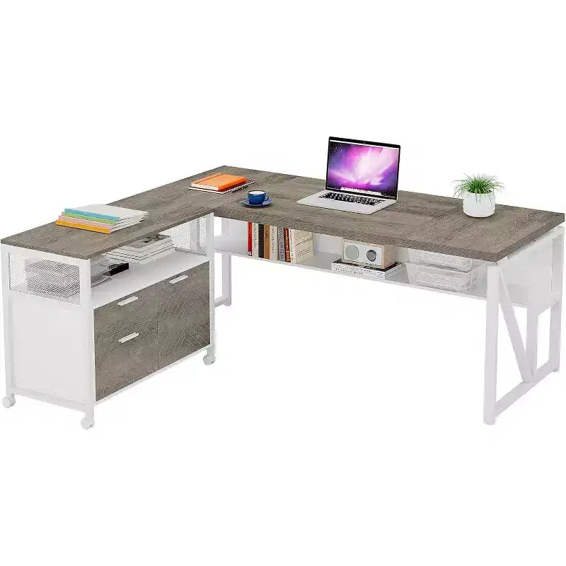 Lantine L Shaped Desk with Drawer,63 Executive Computer Desk and lateral File Cabinet, 2 Piece Home Office Furniture