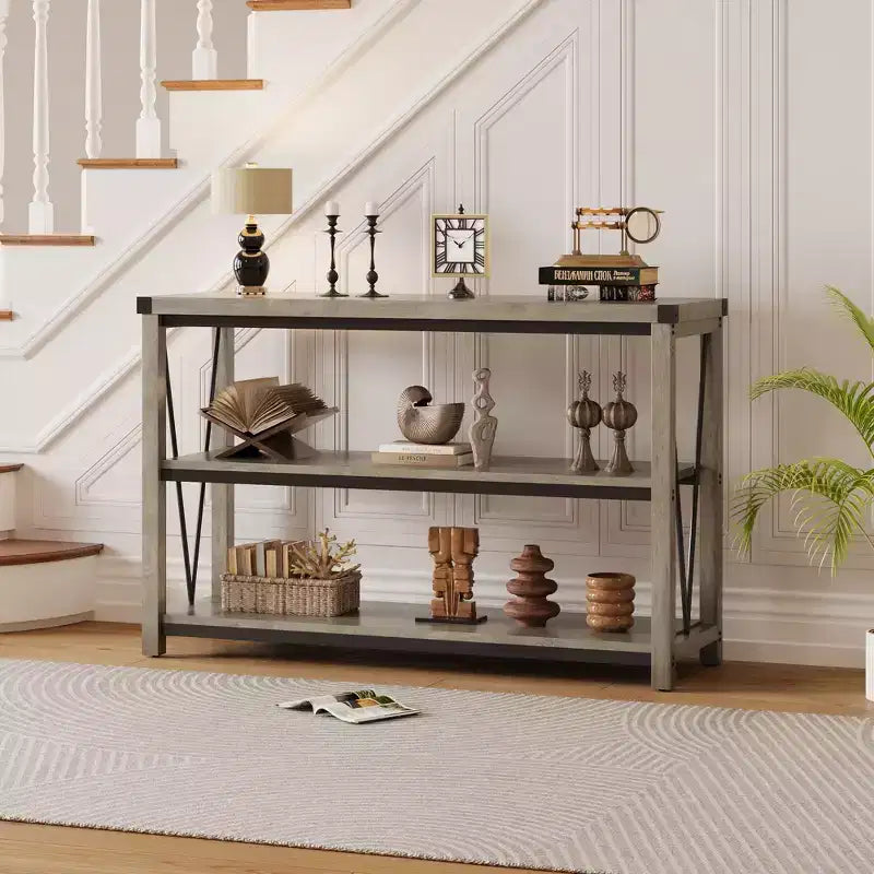 Farmhouse Console Table, 47 in Narrow Long Entryway Table with Storage, 3 Tier Wood Console Table for Living Room, Skinny Sofa Tables Behind Couch