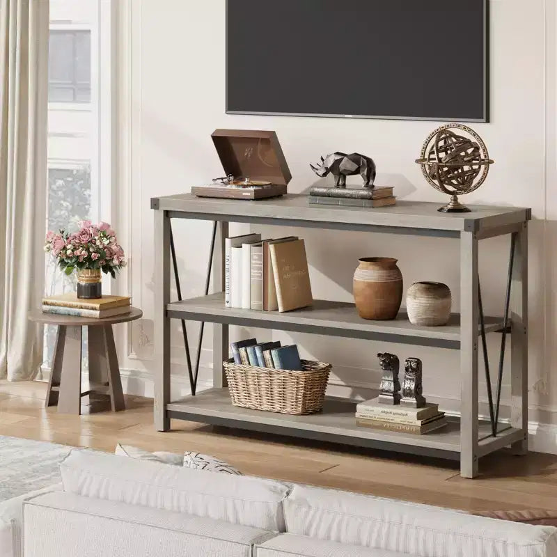 Farmhouse Console Table, 47 in Narrow Long Entryway Table with Storage, 3 Tier Wood Console Table for Living Room, Skinny Sofa Tables Behind Couch