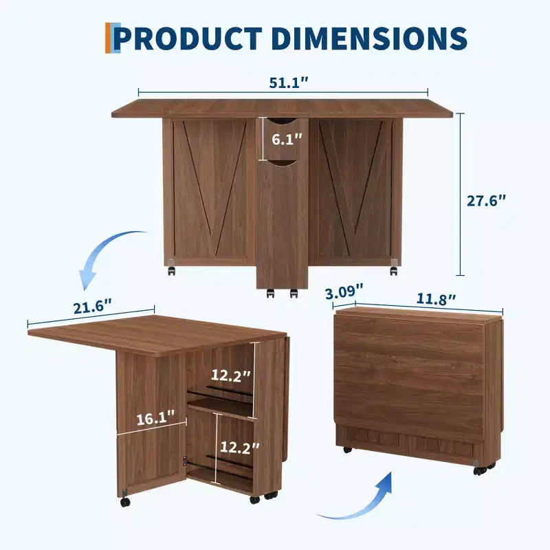 Folding Dining Table, Dining Table with Storage and Shelves, Space Saving 6-Wheel Dining Table, Kitchen Table for Small Spaces