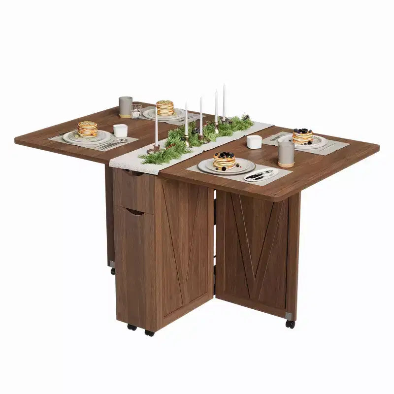 Folding Dining Table, Dining Table with Storage and Shelves, Space Saving 6-Wheel Dining Table, Kitchen Table for Small Spaces