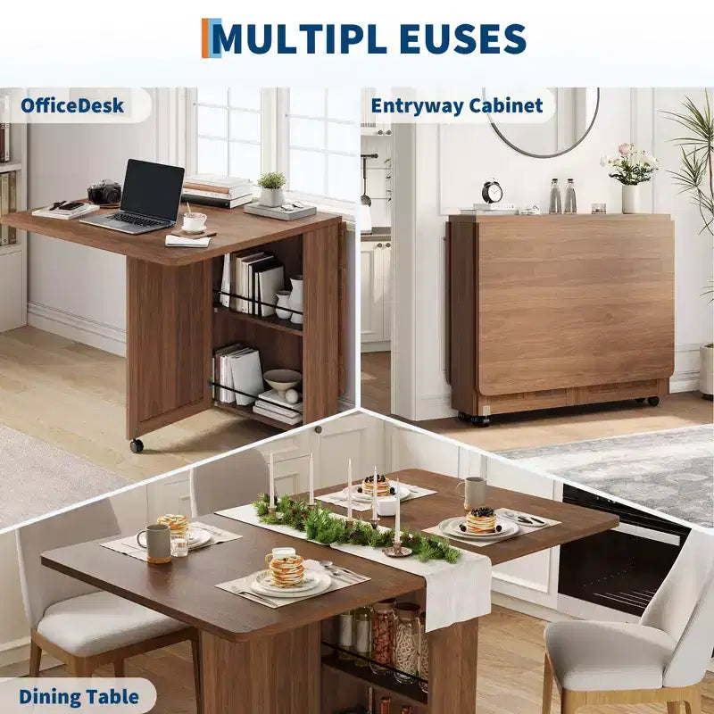 Folding Dining Table, Dining Table with Storage and Shelves, Space Saving 6-Wheel Dining Table, Kitchen Table for Small Spaces