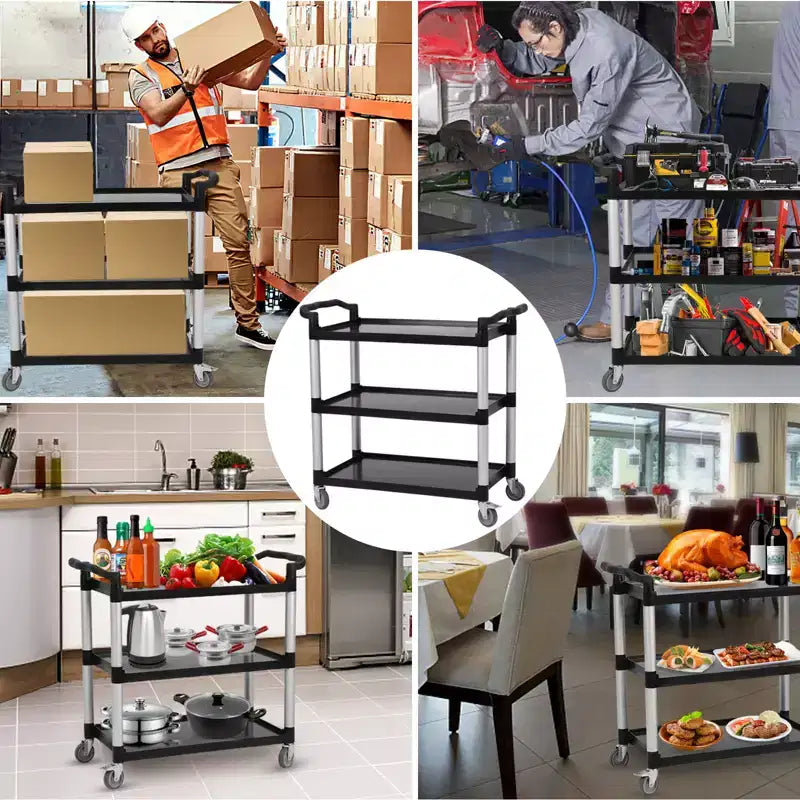 Utility Service Cart with Brake Wheel, 3 Shelf 360LBS Heavy Duty Capacity Rolling Service Cart with 360 Swivel Wheels, Food Cart for Restaurant