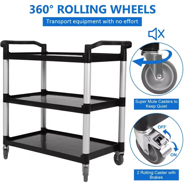Utility Service Cart with Brake Wheel, 3 Shelf 360LBS Heavy Duty Capacity Rolling Service Cart with 360 Swivel Wheels, Food Cart for Restaurant