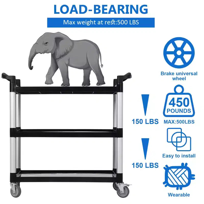 Utility Service Cart with Brake Wheel, 3 Shelf 360LBS Heavy Duty Capacity Rolling Service Cart with 360 Swivel Wheels, Food Cart for Restaurant