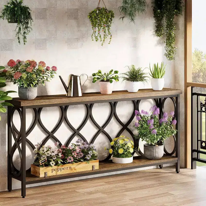 Lantine 70.9 Industrial Console Sofa Table, 2-Tier Entryway Accent Table for Living Room, Hallway, Entry, Rustic Brown