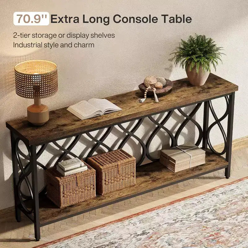 Lantine 70.9 Industrial Console Sofa Table, 2-Tier Entryway Accent Table for Living Room, Hallway, Entry, Rustic Brown