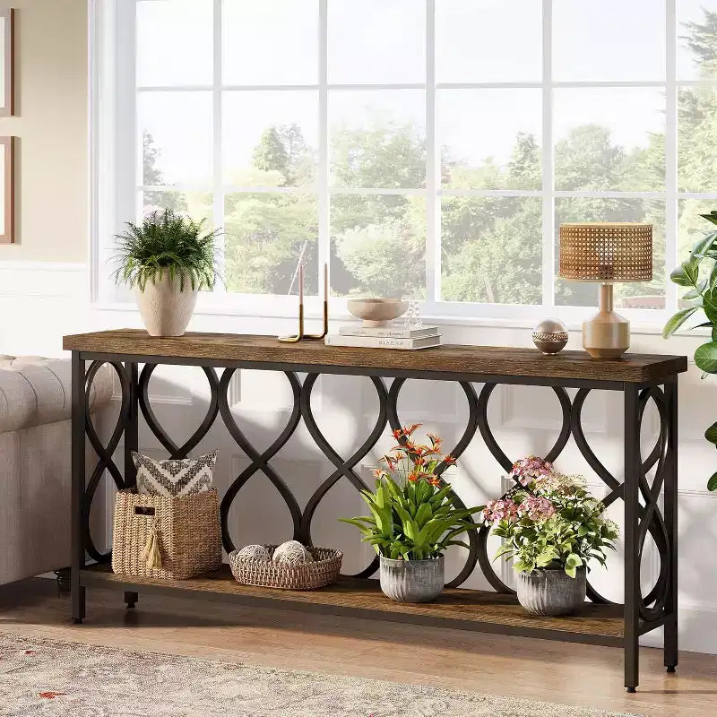 Lantine 70.9 Industrial Console Sofa Table, 2-Tier Entryway Accent Table for Living Room, Hallway, Entry, Rustic Brown