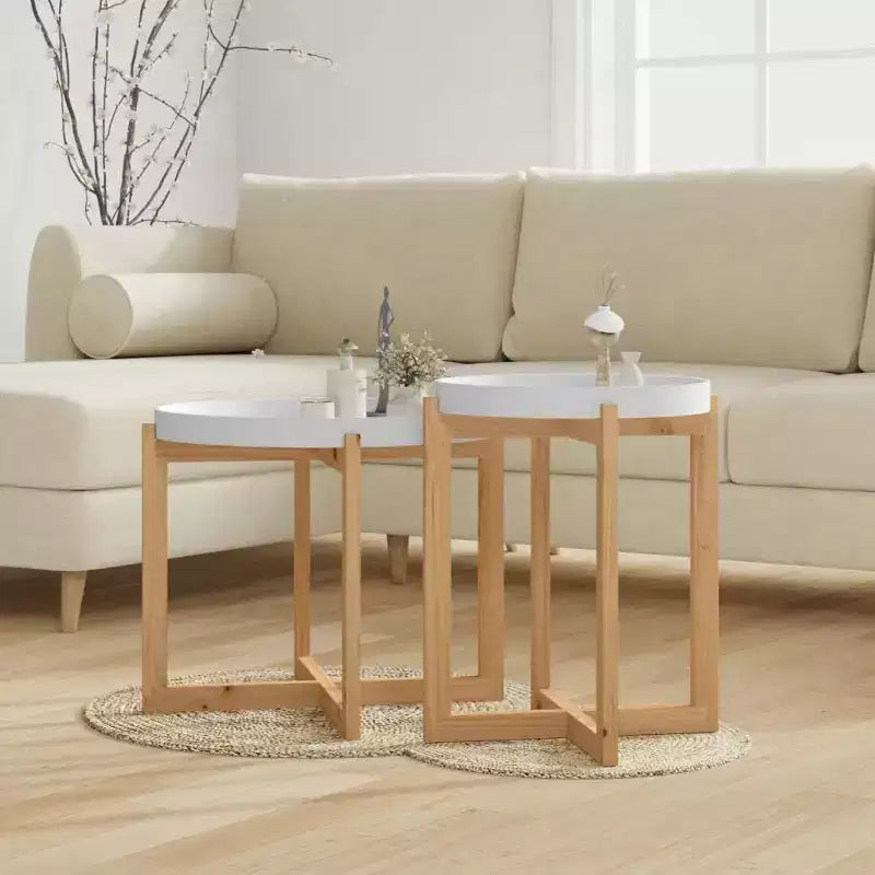 vidaXL Coffee Table 2 pcs Round End Table Accent Sofa Table Solid Wood Pine - White