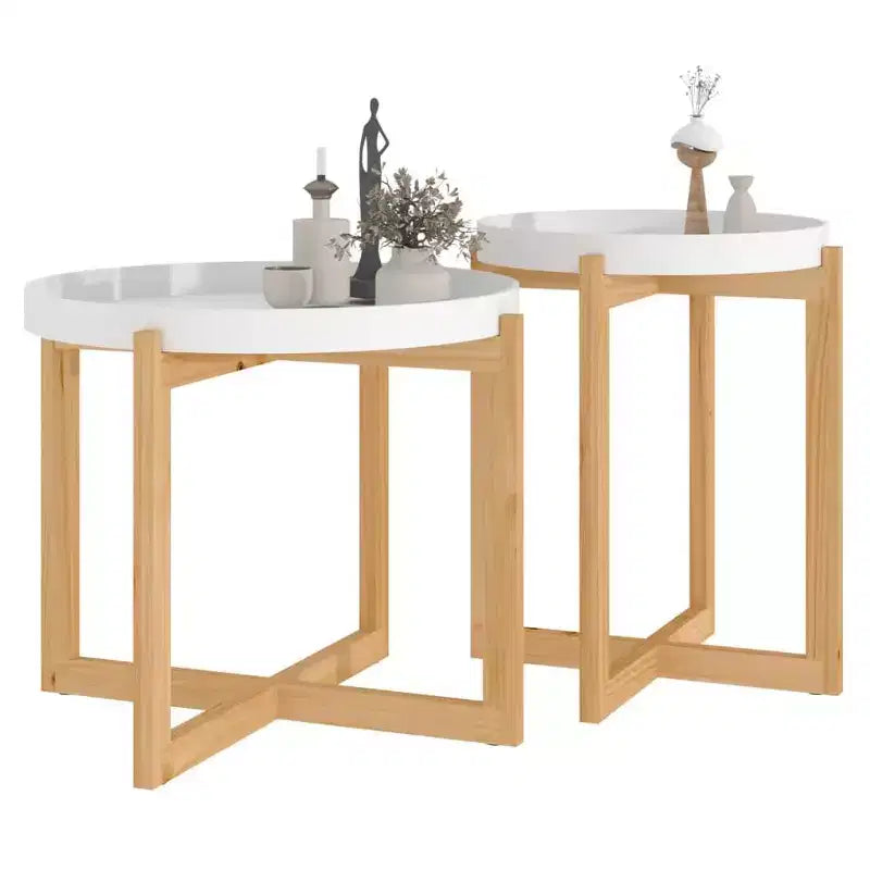 vidaXL Coffee Table 2 pcs Round End Table Accent Sofa Table Solid Wood Pine - White