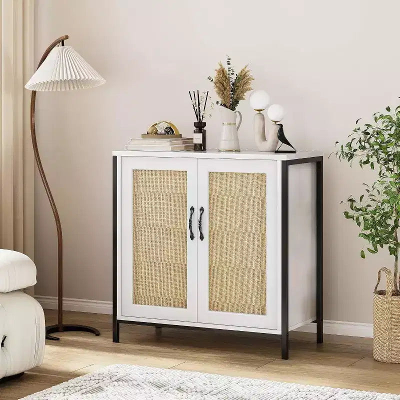 Acekool Rattan Storage Cabinet with Doors and Shelves, Accent Sideboard Buffet for Entryway, Living Room, Office, Modern Boho Organizer