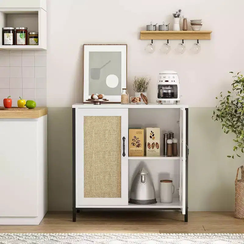 Acekool Rattan Storage Cabinet with Doors and Shelves, Accent Sideboard Buffet for Entryway, Living Room, Office, Modern Boho Organizer