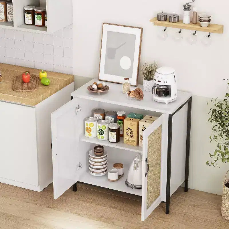 Acekool Rattan Storage Cabinet with Doors and Shelves, Accent Sideboard Buffet for Entryway, Living Room, Office, Modern Boho Organizer