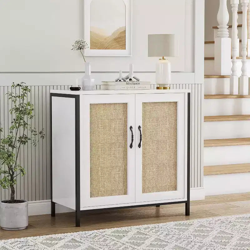 Acekool Rattan Storage Cabinet with Doors and Shelves, Accent Sideboard Buffet for Entryway, Living Room, Office, Modern Boho Organizer