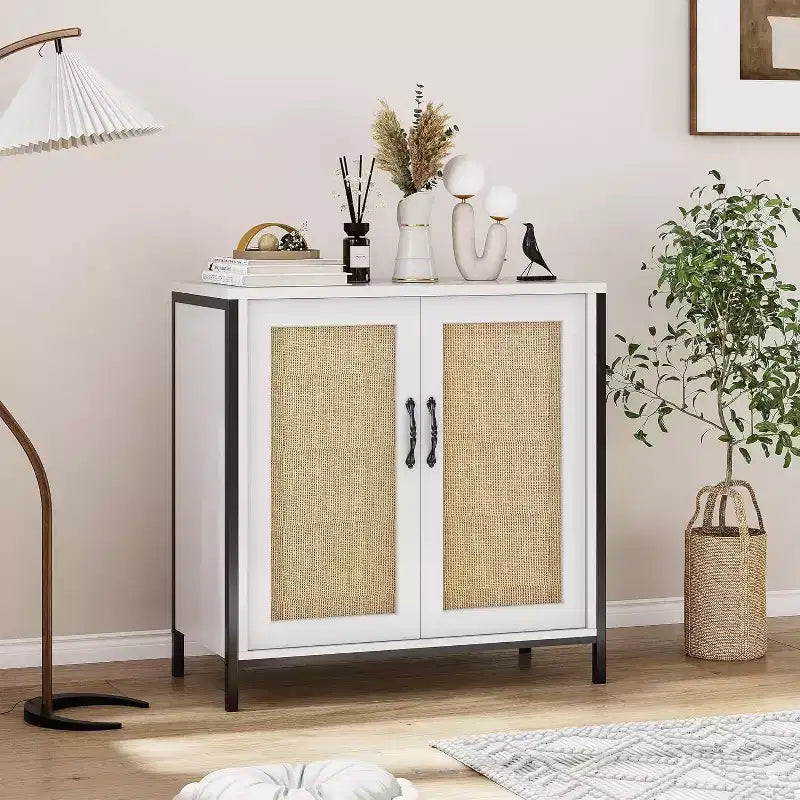 Acekool Rattan Storage Cabinet with Doors and Shelves, Accent Sideboard Buffet for Entryway, Living Room, Office, Modern Boho Organizer