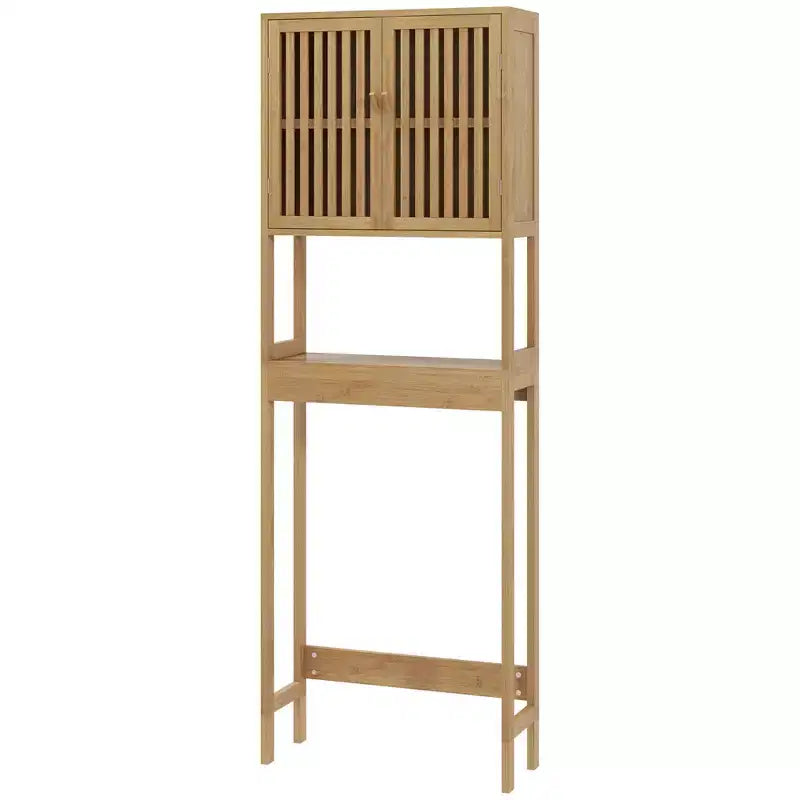 MAYEERTY Bamboo Over the Toilet Storage Cabinet, Over Toilet Bathroom Organizer with Slatted Doors Adjustable Shelf & Open Shelf