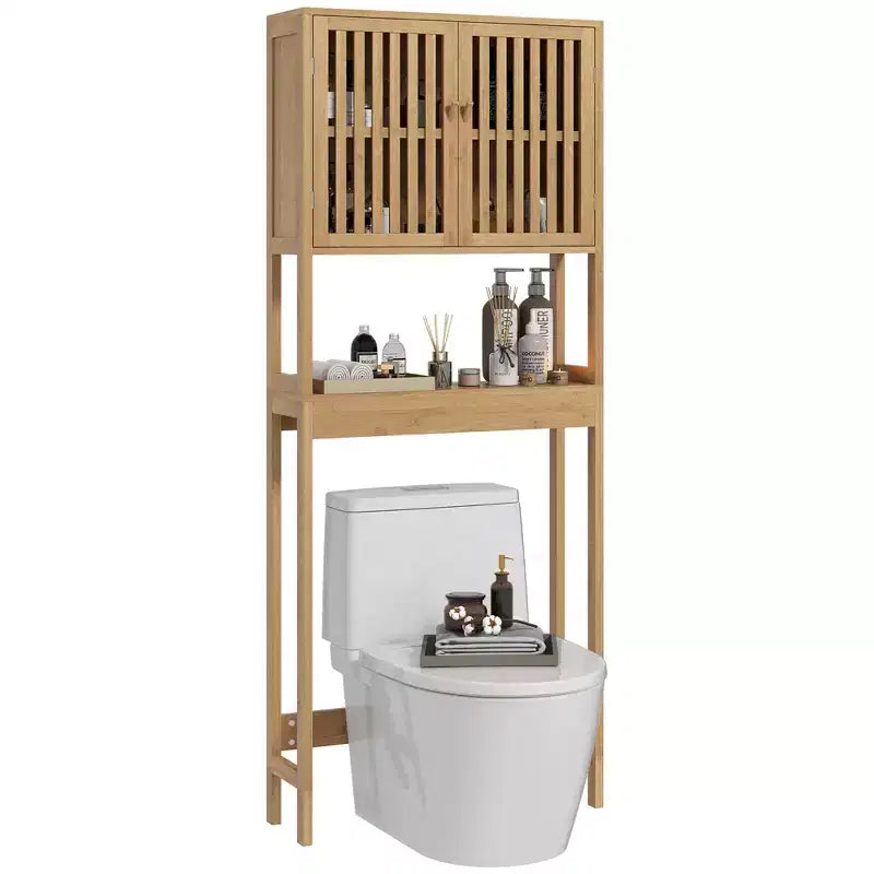 MAYEERTY Bamboo Over the Toilet Storage Cabinet, Over Toilet Bathroom Organizer with Slatted Doors Adjustable Shelf & Open Shelf