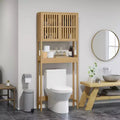 MAYEERTY Bamboo Over the Toilet Storage Cabinet, Over Toilet Bathroom Organizer with Slatted Doors Adjustable Shelf & Open Shelf