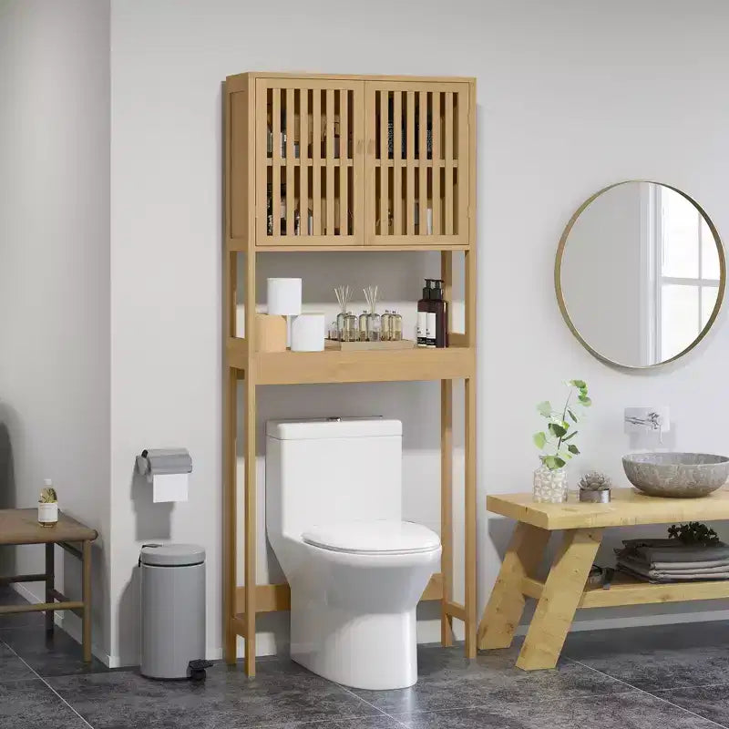 MAYEERTY Bamboo Over the Toilet Storage Cabinet, Over Toilet Bathroom Organizer with Slatted Doors Adjustable Shelf & Open Shelf