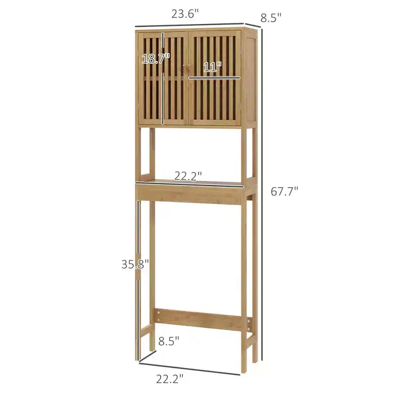 MAYEERTY Bamboo Over the Toilet Storage Cabinet, Over Toilet Bathroom Organizer with Slatted Doors Adjustable Shelf & Open Shelf