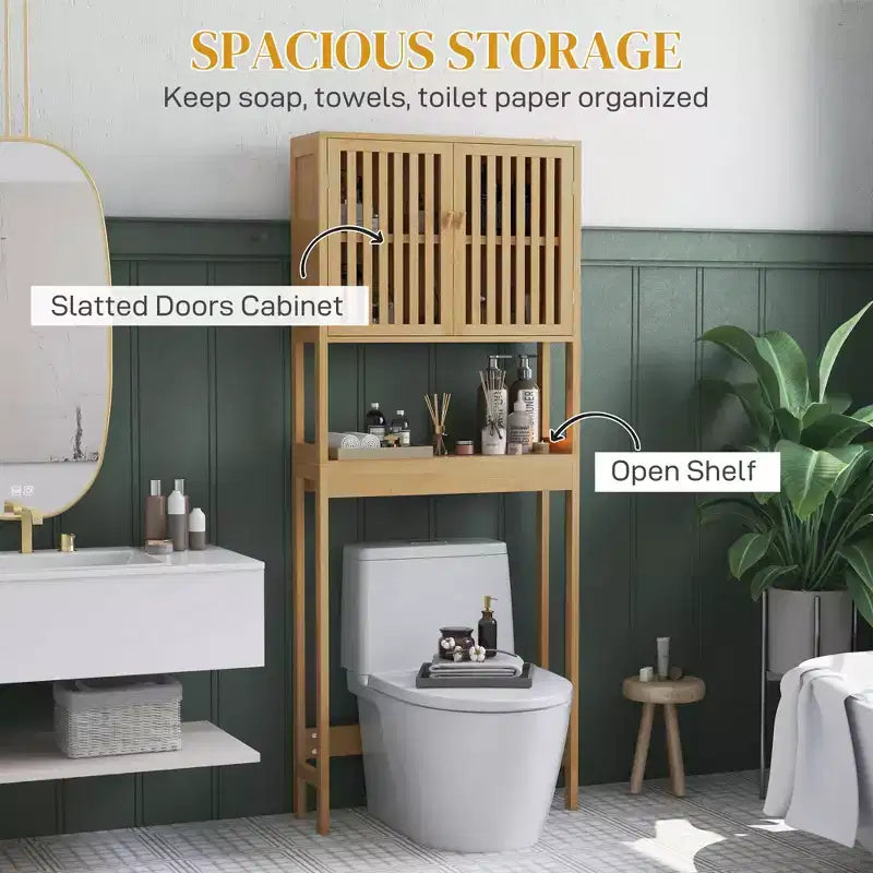 MAYEERTY Bamboo Over the Toilet Storage Cabinet, Over Toilet Bathroom Organizer with Slatted Doors Adjustable Shelf & Open Shelf