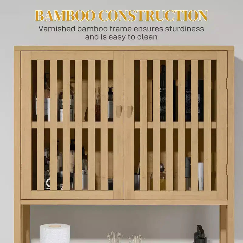 MAYEERTY Bamboo Over the Toilet Storage Cabinet, Over Toilet Bathroom Organizer with Slatted Doors Adjustable Shelf & Open Shelf