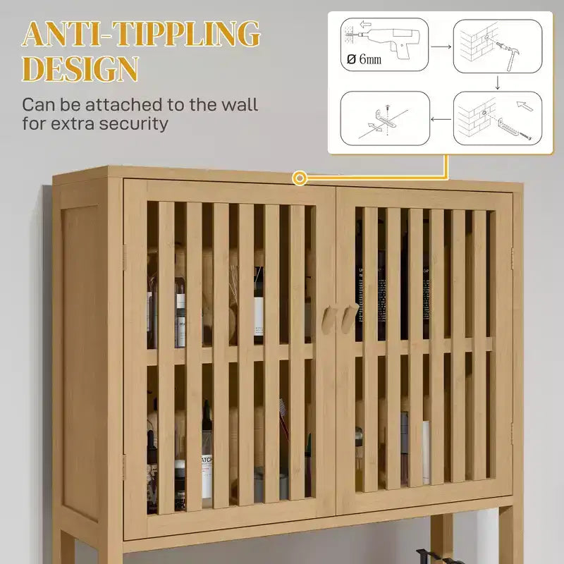 MAYEERTY Bamboo Over the Toilet Storage Cabinet, Over Toilet Bathroom Organizer with Slatted Doors Adjustable Shelf & Open Shelf