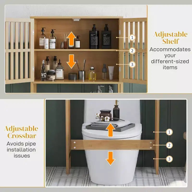MAYEERTY Bamboo Over the Toilet Storage Cabinet, Over Toilet Bathroom Organizer with Slatted Doors Adjustable Shelf & Open Shelf