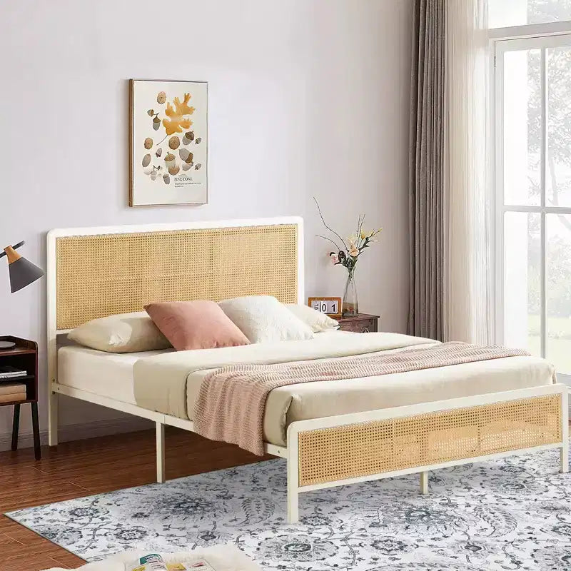 COZONY Rattan Platform Bed Frame with Illuminated Headboard, Boho Bed with Steel Slat Support and Ambient Lighting