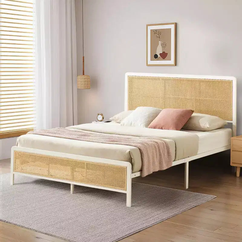 COZONY Rattan Platform Bed Frame with Illuminated Headboard, Boho Bed with Steel Slat Support and Ambient Lighting