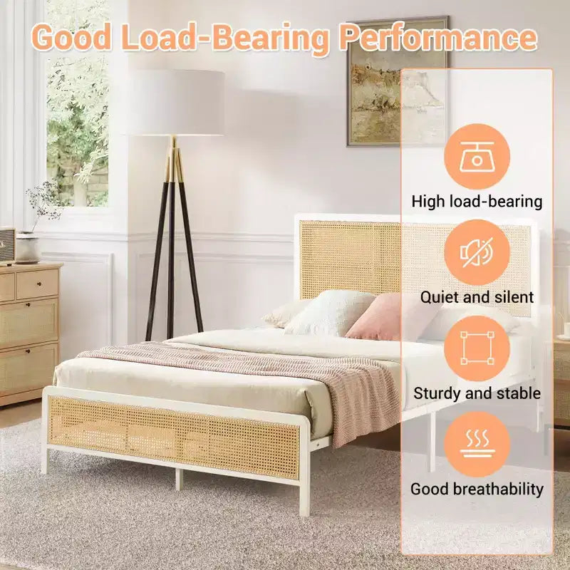 COZONY Rattan Platform Bed Frame with Illuminated Headboard, Boho Bed with Steel Slat Support and Ambient Lighting