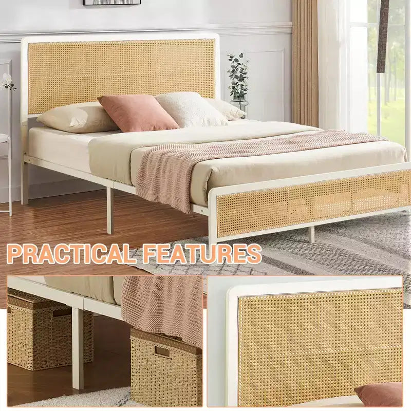 COZONY Rattan Platform Bed Frame with Illuminated Headboard, Boho Bed with Steel Slat Support and Ambient Lighting