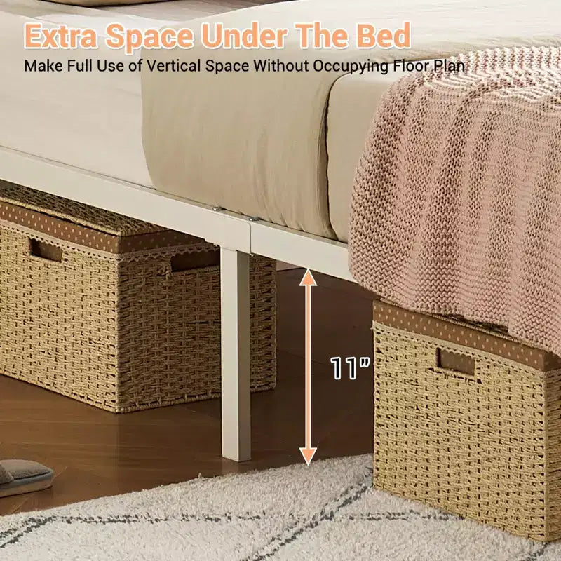COZONY Rattan Platform Bed Frame with Illuminated Headboard, Boho Bed with Steel Slat Support and Ambient Lighting