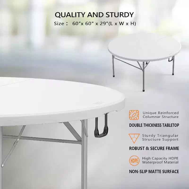 VINGLI White 5 FT Round Bi-Folding Commercial Table, 60 inch Portable Plastic Dining Card Table for Kitchen Party Wedding Event, 1-Pack