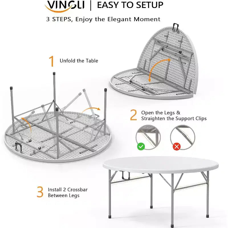 VINGLI White 5 FT Round Bi-Folding Commercial Table, 60 inch Portable Plastic Dining Card Table for Kitchen Party Wedding Event, 1-Pack