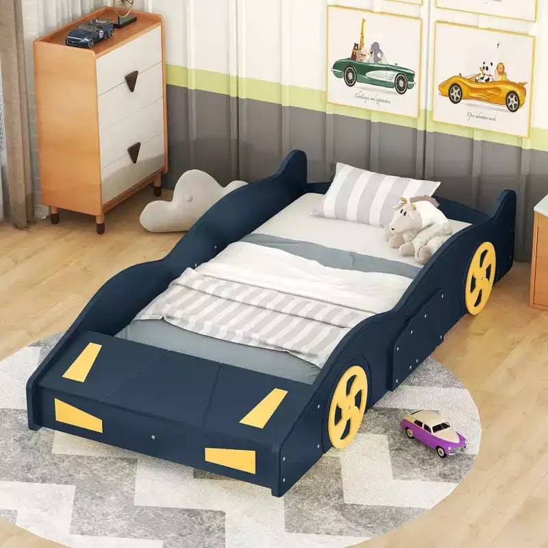Race Car Bed Platform Bed for Kids, Wood Car-Shaped Kids Bed Frame with Storage and Wheels for Boys Girls