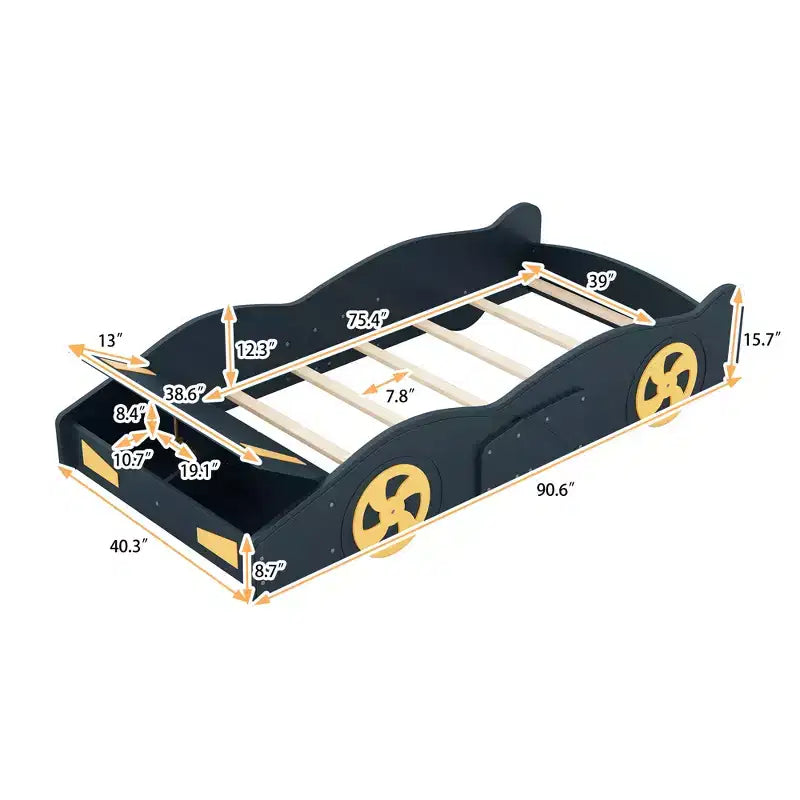 Race Car Bed Platform Bed for Kids, Wood Car-Shaped Kids Bed Frame with Storage and Wheels for Boys Girls
