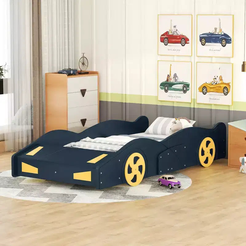 Race Car Bed Platform Bed for Kids, Wood Car-Shaped Kids Bed Frame with Storage and Wheels for Boys Girls