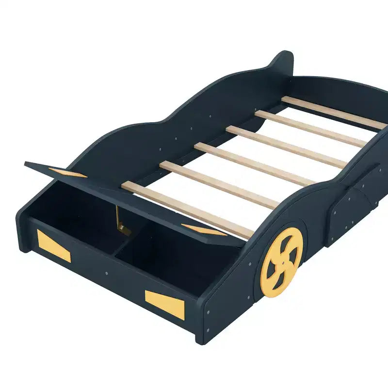 Race Car Bed Platform Bed for Kids, Wood Car-Shaped Kids Bed Frame with Storage and Wheels for Boys Girls