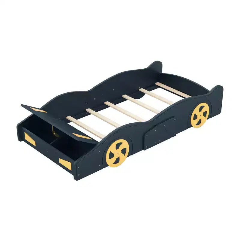 Race Car Bed Platform Bed for Kids, Wood Car-Shaped Kids Bed Frame with Storage and Wheels for Boys Girls