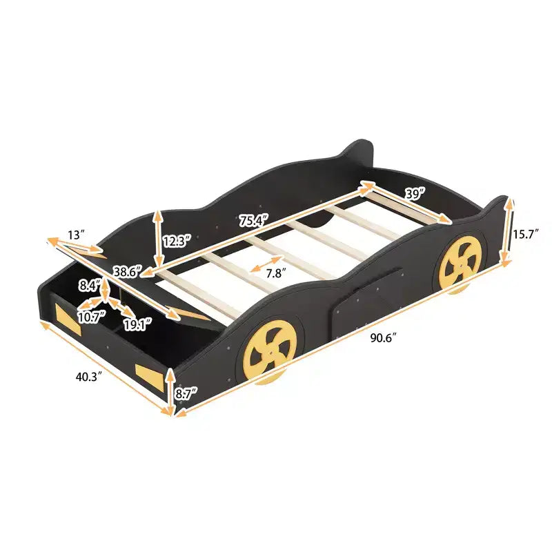 Race Car Bed Platform Bed for Kids, Wood Car-Shaped Kids Bed Frame with Storage and Wheels for Boys Girls